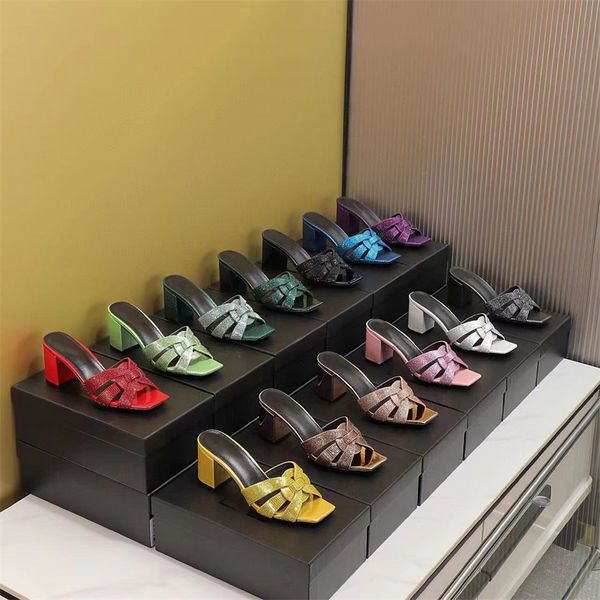 designer high heels famous brand women's slippers summer fashion real belt drill sandals thin belt combination thick heel banquet heels, Black
designer high heels famous brand women's slippers summer fashion real belt drill sandals thin belt combination thick heel banquet heels, Black