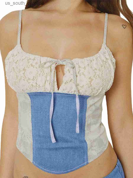 

camis womens denim cami summer sleeveless spaghetti strap lace patchwork fitted camisole retro y2k tanks club streetwear 2000s l230522, White