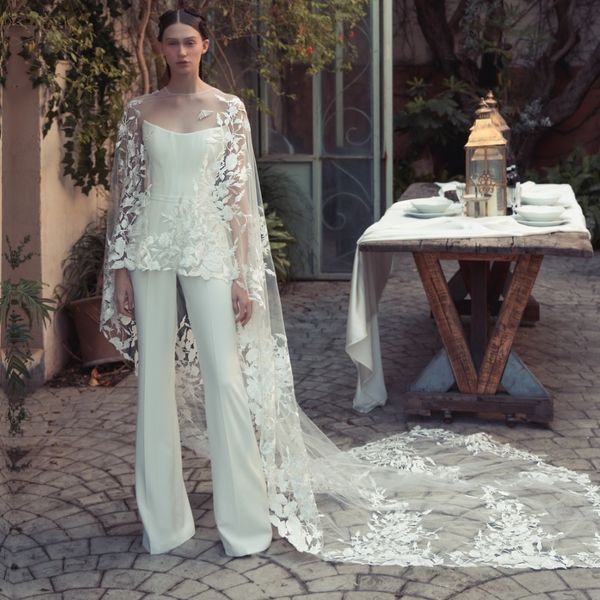 modest jumpsuit sheath wedding dresses with wrap strapless outfit bridal gown civil robe mariage lace appliques jacket, White
modest jumpsuit sheath wedding dresses with wrap strapless outfit bridal gown civil robe mariage lace appliques jacket, White