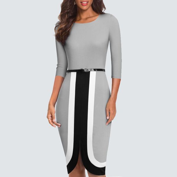 dresses women wear to work o neck 3/4 sleeve contrast color bodycon office pencil dress with belt hb549, Black;gray
dresses women wear to work o neck 3/4 sleeve contrast color bodycon office pencil dress with belt hb549, Black;gray
