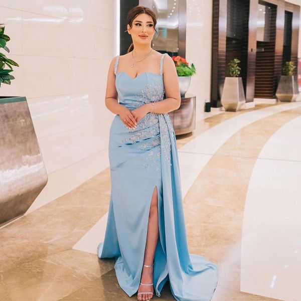 light blue beadings evening dress spaghetti strap arabic dubai women birthday engagement party gown with slit, Black;red
light blue beadings evening dress spaghetti strap arabic dubai women birthday engagement party gown with slit, Black;red