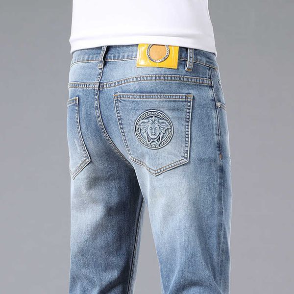 jeans men's luxury spring/summer thin high end men's casual mid waist pants slim fit straight sleeve elastic men's pants, Blue
jeans men's luxury spring/summer thin high end men's casual mid waist pants slim fit straight sleeve elastic men's pants, Blue