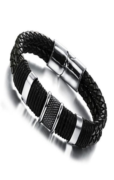 genuine leather bracelet men jewelry stainless steel leather braid bracelet with magnetic buckle claps pulseiras masculina9139417, Golden;silver