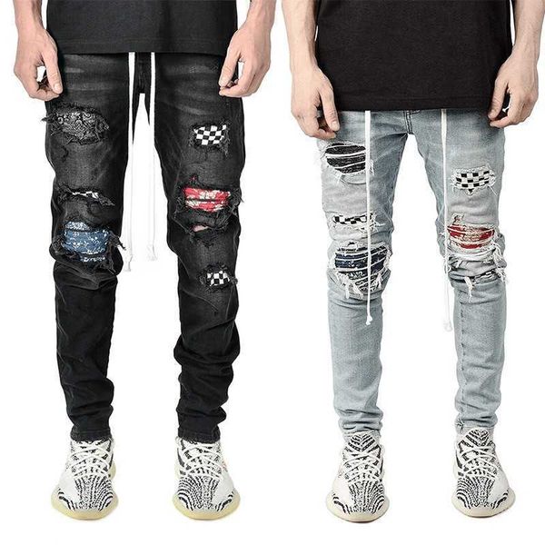 new men's high end slim hole leggings new men's jeans men, Blue