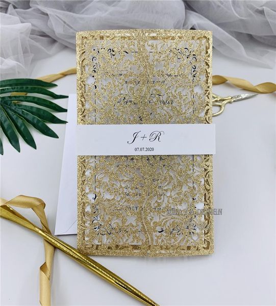 glitter rose gold laser cut wedding invitation with glitter personal insert belly band floral wedding invitation9765819, Black