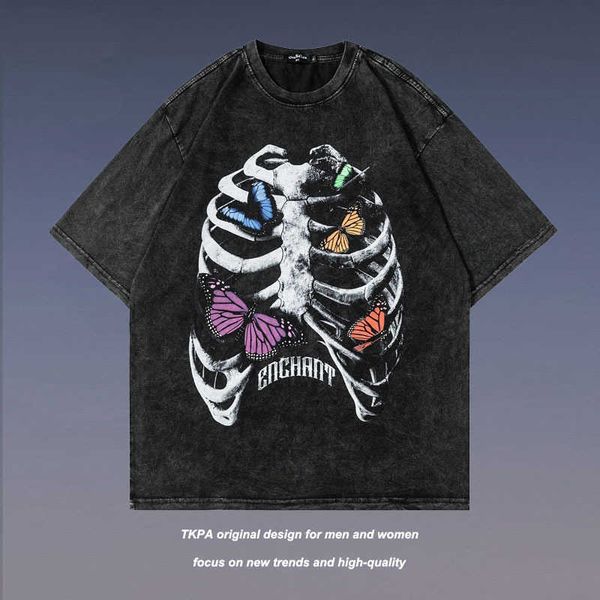 tkpa butterfly skull print wash short sleeve t-shirt men's hip hop high street couple top, White;black
tkpa butterfly skull print wash short sleeve t-shirt men's hip hop high street couple top, White;black