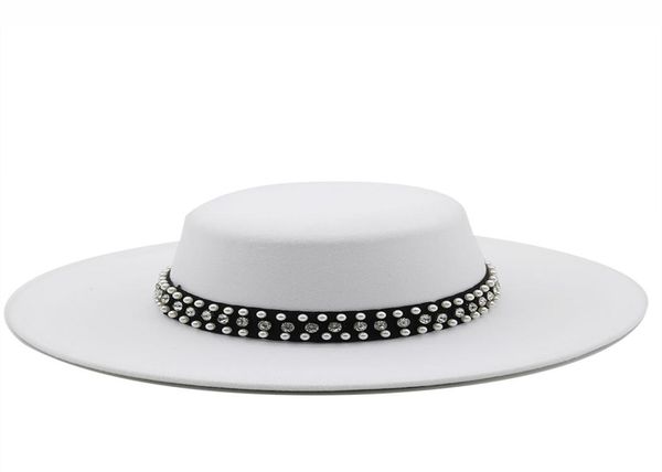 large wide brim faux wool pork pie boater flat fedora hat with rivet pearls black white party panama trilby cowboy cap7334945, Blue;gray
large wide brim faux wool pork pie boater flat fedora hat with rivet pearls black white party panama trilby cowboy cap7334945, Blue;gray