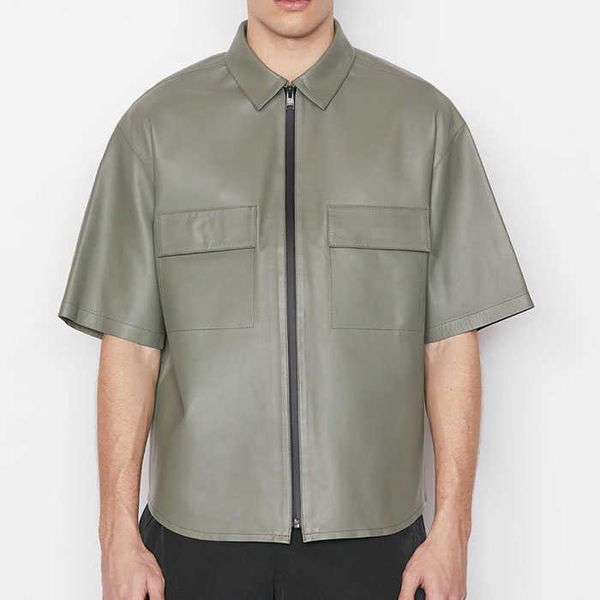 custom modern short sleeve drop shoulder double chest pockets zip up plain faux leather shirt jj, White;black
custom modern short sleeve drop shoulder double chest pockets zip up plain faux leather shirt jj, White;black