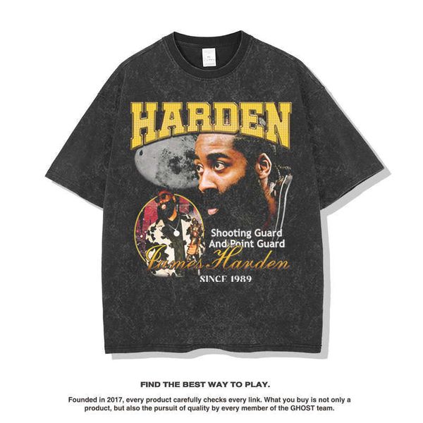 harden street printed short sleeve t-shirt small neckline washed cotton tide, White;black
harden street printed short sleeve t-shirt small neckline washed cotton tide, White;black