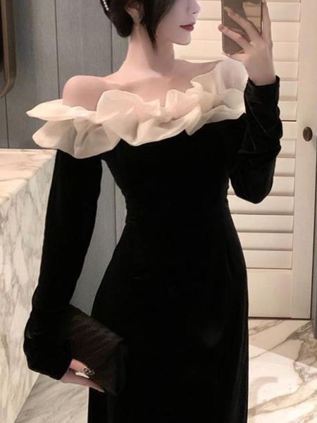 dresses korean fashion veet midi dress woman long sleeve dress elegant 2022 pure color french vintage dress off shoudler design, Black;gray 
dresses korean fashion veet midi dress woman long sleeve dress elegant 2022 pure color french vintage dress off shoudler design, Black;gray