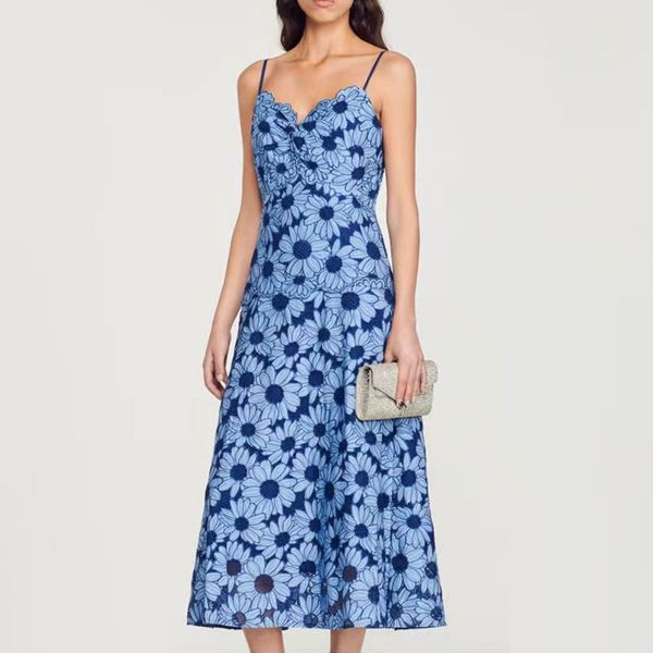 2023 designer luxury party dress v-neck french daisy strap a-line dress designer robe, Black;gray