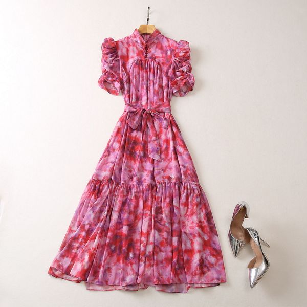 european and american women's clothes 2023 summer new stand collar printed belt short sleeves puff sleeves fashion pleated dress, Black;gray
european and american women's clothes 2023 summer new stand collar printed belt short sleeves puff sleeves fashion pleated dress, Black;gray