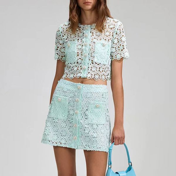 2023 designer two piece set light green french hollow lace embroidery with half skirt set for summer, White
2023 designer two piece set light green french hollow lace embroidery with half skirt set for summer, White