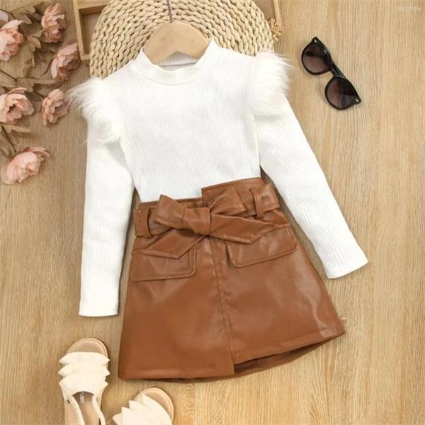 children's 1-6y girls' autumn clothing set baby solid feather edge long sleeve knitted pu leather belt skirt children's cloth, White
children's 1-6y girls' autumn clothing set baby solid feather edge long sleeve knitted pu leather belt skirt children's cloth, White
