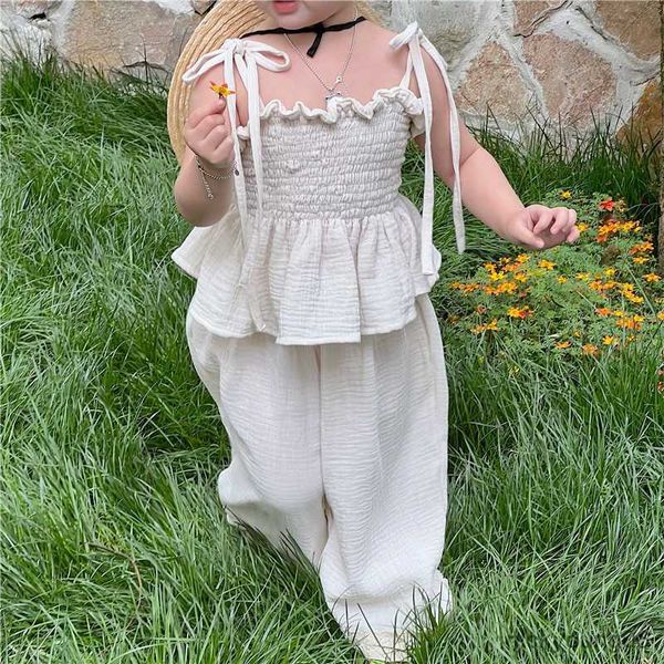 clothing sets korean children kids set girls summer organic cotton tie tank sling smocked lace wide leg pants trousers outfits, White
clothing sets korean children kids set girls summer organic cotton tie tank sling smocked lace wide leg pants trousers outfits, White