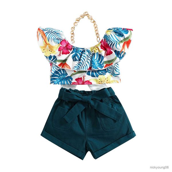 clothing sets girls summer set floral printed ruffle metal chain halter off shoulder and high waist shorts belt, White
clothing sets girls summer set floral printed ruffle metal chain halter off shoulder and high waist shorts belt, White