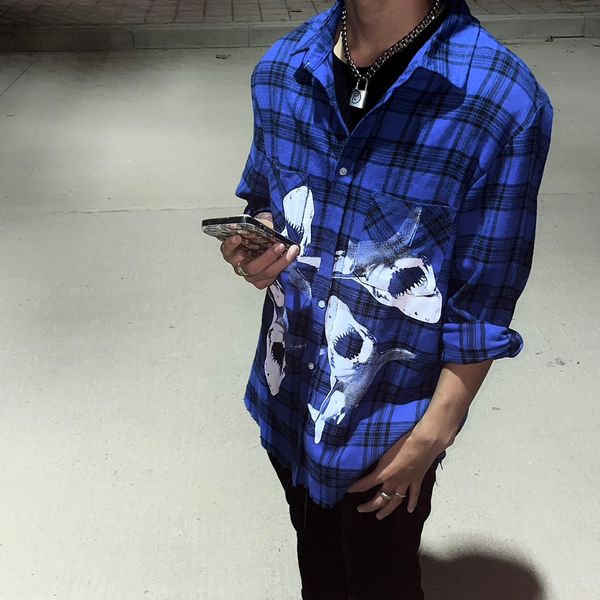 men shirts blue plaid print hip hop streetwear loose women long sleeve fashion clothing, White;black
men shirts blue plaid print hip hop streetwear loose women long sleeve fashion clothing, White;black