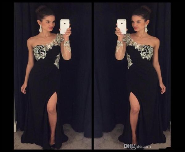 one shoulder black evening dresses applique beaded long sleeve side split sheath chiffon formal prom party gowns vestidos de fiest9446149, Black;red
one shoulder black evening dresses applique beaded long sleeve side split sheath chiffon formal prom party gowns vestidos de fiest9446149, Black;red