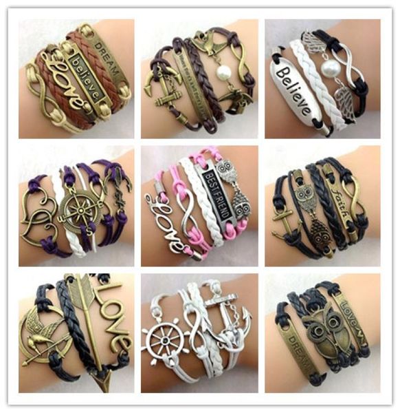30pcs 283 designs leather bracelet antique cross anchor love peach heart owl bird believe pearl knitting bronze charm bracelets c25084285, Golden;silver
30pcs 283 designs leather bracelet antique cross anchor love peach heart owl bird believe pearl knitting bronze charm bracelets c25084285, Golden;silver