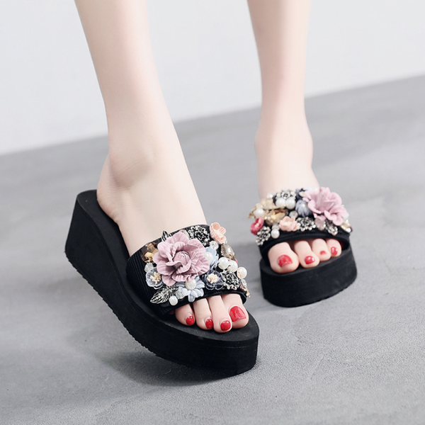 korean version of high-heeled slippers female summer sweet flowers crystal beach slippers fashion wedge platform sandals., Black
korean version of high-heeled slippers female summer sweet flowers crystal beach slippers fashion wedge platform sandals., Black