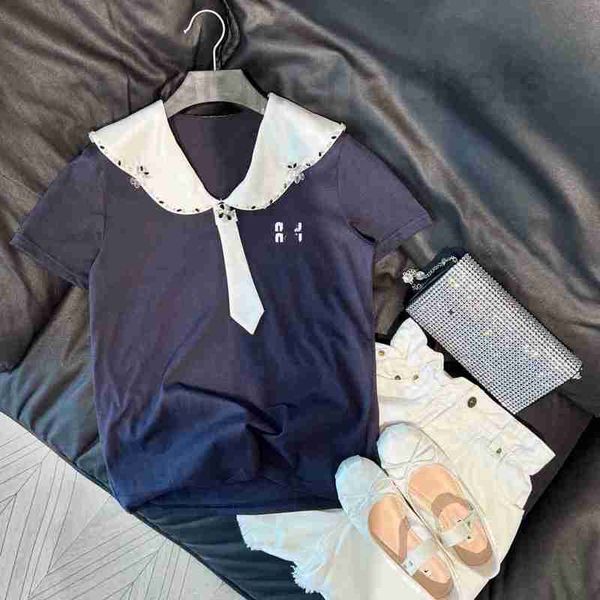 women's t-shirt designer navy style t-shirt 23 spring/summer new beaded rhinestone tie decoration satin acetic acid wave collar short s, White
women's t-shirt designer navy style t-shirt 23 spring/summer new beaded rhinestone tie decoration satin acetic acid wave collar short s, White