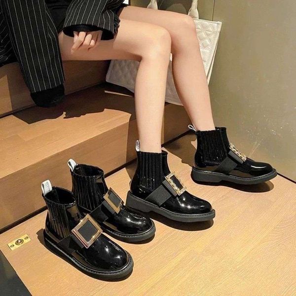 designer boots new high heel rhinestone square buckle lacquer leather elevated thick sole english coarse heel short boots, Black
designer boots new high heel rhinestone square buckle lacquer leather elevated thick sole english coarse heel short boots, Black