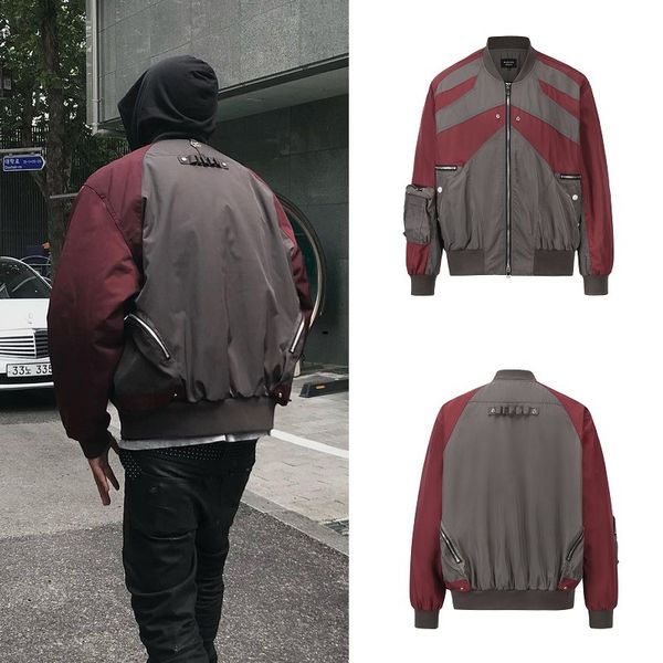 

High street men vintage multi pocket zipper color splicing tactical bomber jacket, Gray red