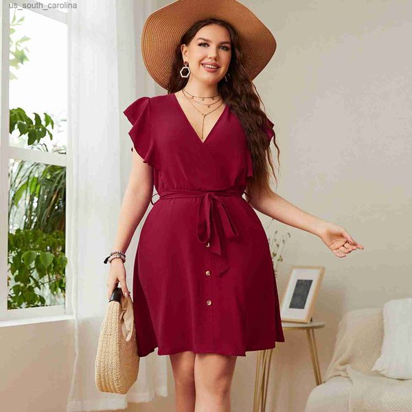 stylish plus size women short dress v neck ruffle sleeve button front casual mini dress for beach holiday summer, Black;gray
stylish plus size women short dress v neck ruffle sleeve button front casual mini dress for beach holiday summer, Black;gray
