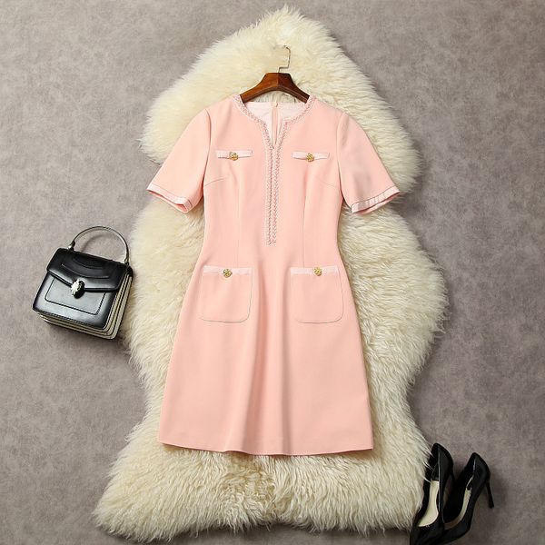european and american women's clothes 2023 summer new beaded v-neck short sleeves fashion pink pocket dress, Black;gray
european and american women's clothes 2023 summer new beaded v-neck short sleeves fashion pink pocket dress, Black;gray