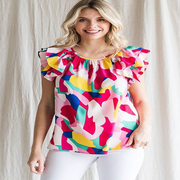 summer multicolor abstract pattern shirt for women - short sleeves ruffle blouse, White 
summer multicolor abstract pattern shirt for women - short sleeves ruffle blouse, White
