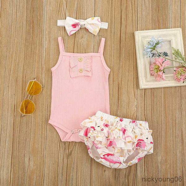 clothing sets 0-18m baby girls flamingo sleevless princess romper tutu shorts headband 3pcs summer newborn clothes set, White
