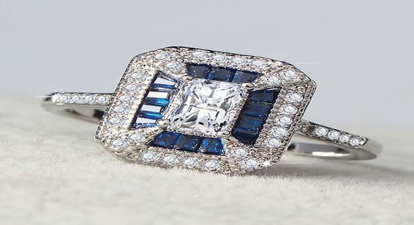 fashion women039s wedding jewelry gifts white square zircon rings retro court style inlaid blue zirconia rings for engagement a9950126, Silver