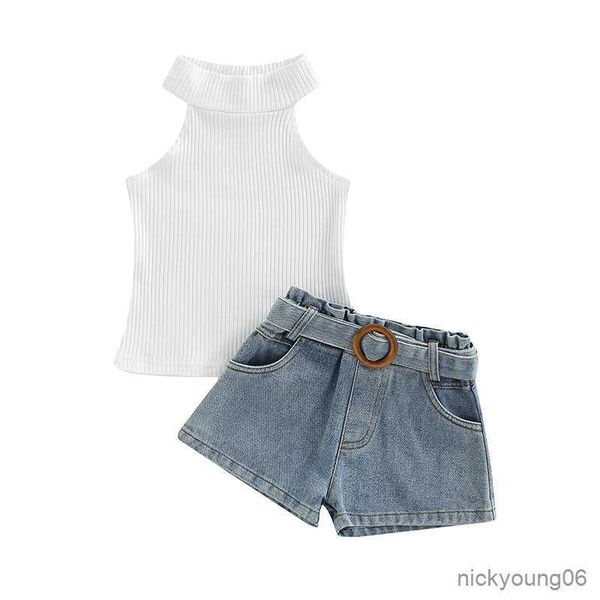 clothing sets kids girls solid color sleeveless high neck vest with denim shorts and waist belt summer children outfit, White
clothing sets kids girls solid color sleeveless high neck vest with denim shorts and waist belt summer children outfit, White