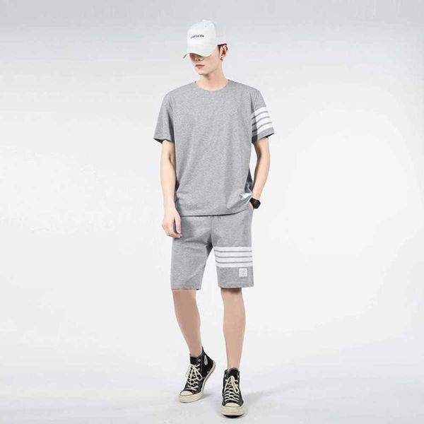 designer summer pure cotton short sleeve shorts couple tb four bar casual sports set, Gray
designer summer pure cotton short sleeve shorts couple tb four bar casual sports set, Gray