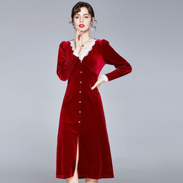 2023 spring european women's basic & casual red dress, long sleeve, v-neck, lace stitching, gold velvet, a-line silhouette, patchwork d, Black;gray
2023 spring european women's basic & casual red dress, long sleeve, v-neck, lace stitching, gold velvet, a-line silhouette, patchwork d, Black;gray