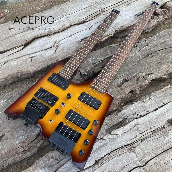 in stock double neck headless electric guitar vintage sunburst flamed maple tremolo bridge 6 string guitarra+4 string bass combo
in stock double neck headless electric guitar vintage sunburst flamed maple tremolo bridge 6 string guitarra+4 string bass combo