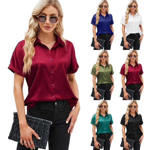 women's solid satin short sleeve button shoulder new colored ding shirt selling, White
women's solid satin short sleeve button shoulder new colored ding shirt selling, White