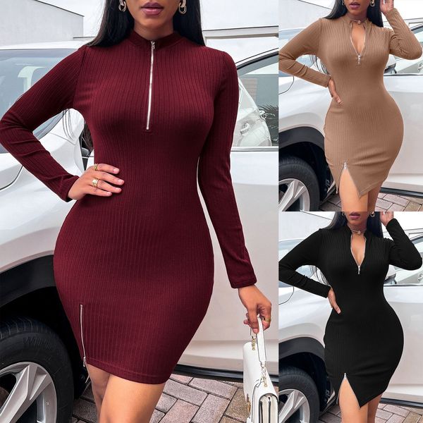 women's knit dresses v neck lapel solid color long sleeve zipper slit slim fit split bodycon dress ladies mini dress, White;black
women's knit dresses v neck lapel solid color long sleeve zipper slit slim fit split bodycon dress ladies mini dress, White;black