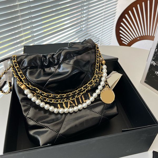 ladies oil wax leather classic 22 mini drawstring shopping bag pearl bracelet chain hand tote coin charm gold metal hardware matelasse shoul
ladies oil wax leather classic 22 mini drawstring shopping bag pearl bracelet chain hand tote coin charm gold metal hardware matelasse shoul