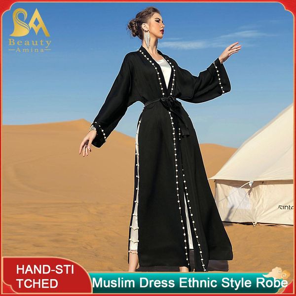 dress muslim robe black retro beaded long section with belt ladies arabian dress islamic holiday dress ethnic style robe abaya, White
dress muslim robe black retro beaded long section with belt ladies arabian dress islamic holiday dress ethnic style robe abaya, White