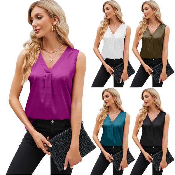 women's v-neck solid satin tank selling colored ding material sleeveless shirt, White
women's v-neck solid satin tank selling colored ding material sleeveless shirt, White