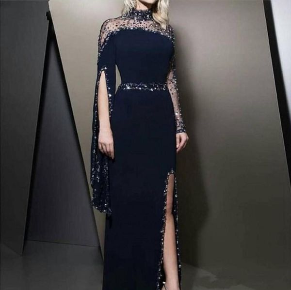 2021 new formal high neck navy blue evening dresses kaftan dubai beaded long sleeve party gowns modest robe de soiree split prom d1326972, Black;red
2021 new formal high neck navy blue evening dresses kaftan dubai beaded long sleeve party gowns modest robe de soiree split prom d1326972, Black;red
