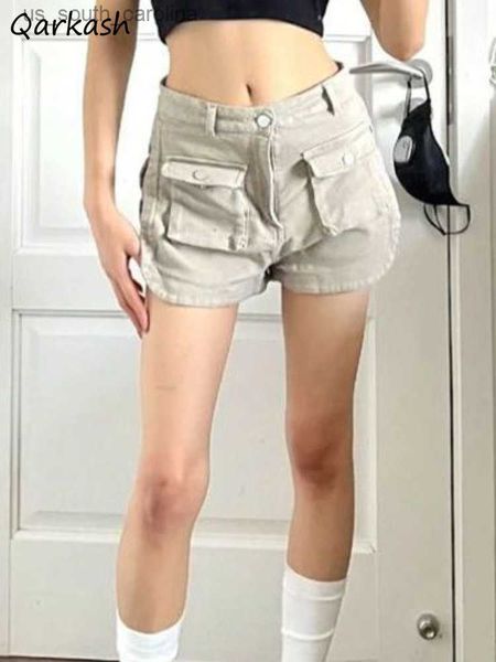 

s-4xl denim shorts women summer solid apricot side slit high waist pockets ins streetwear cargo casual chic fashion korean style l230522, White;black