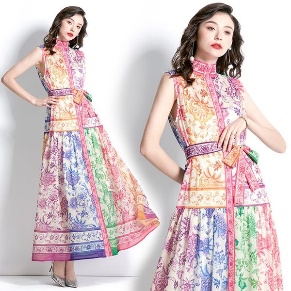 2023 stand collar sleeveless dress summer vacation style small fresh wave edge print women's skirt new item wholesale e547, Black;gray
2023 stand collar sleeveless dress summer vacation style small fresh wave edge print women's skirt new item wholesale e547, Black;gray