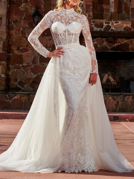 mermaid wedding dress high neck long sleeves corset bodice with detachable line bridal gowns applique with beads, White
mermaid wedding dress high neck long sleeves corset bodice with detachable line bridal gowns applique with beads, White