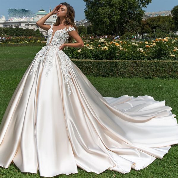 3d-floral appliques champagne wedding dresses with short illusion sleeve satinwedding gown a line plus size long trainn bridal gowns, White
3d-floral appliques champagne wedding dresses with short illusion sleeve satinwedding gown a line plus size long trainn bridal gowns, White