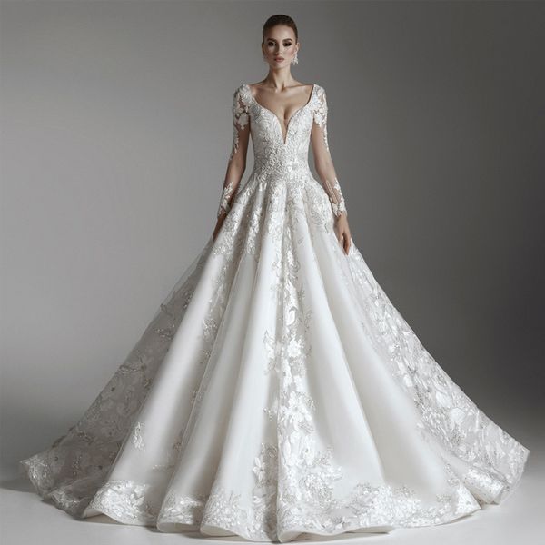 luxurious 3d-floral appliques beaded wedding dresses with illusion long sleeve v neck bridal gown a line chapel train tulle princess wedding, White
luxurious 3d-floral appliques beaded wedding dresses with illusion long sleeve v neck bridal gown a line chapel train tulle princess wedding, White