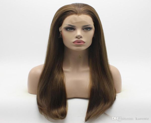 iwona hair straight long brown blonde mix wig 2827 half hand tied heat resistant synthetic lace front wig1861002, Black