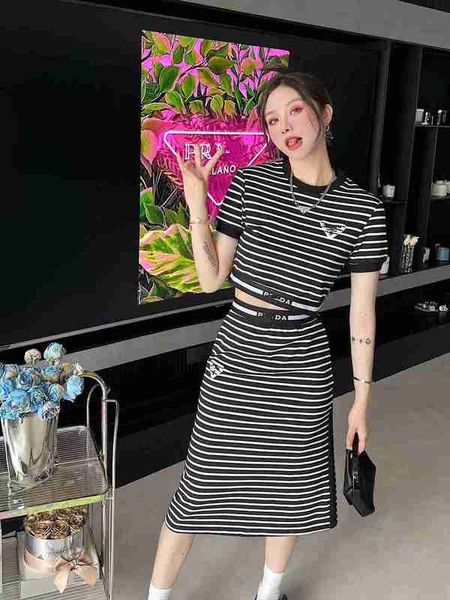 two piece dress designer summer triangular letter ribbon patchwork striped paired with high waisted skirt for casual wear asjg, White
two piece dress designer summer triangular letter ribbon patchwork striped paired with high waisted skirt for casual wear asjg, White