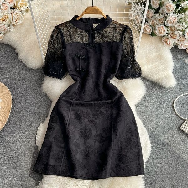 summer premium retro standing neck lace splice bubble sleeve waist a line new chinese improved qipao dress, Black;gray
summer premium retro standing neck lace splice bubble sleeve waist a line new chinese improved qipao dress, Black;gray